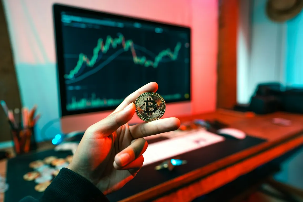 A person holding a Bitcoin coin in front of a computer