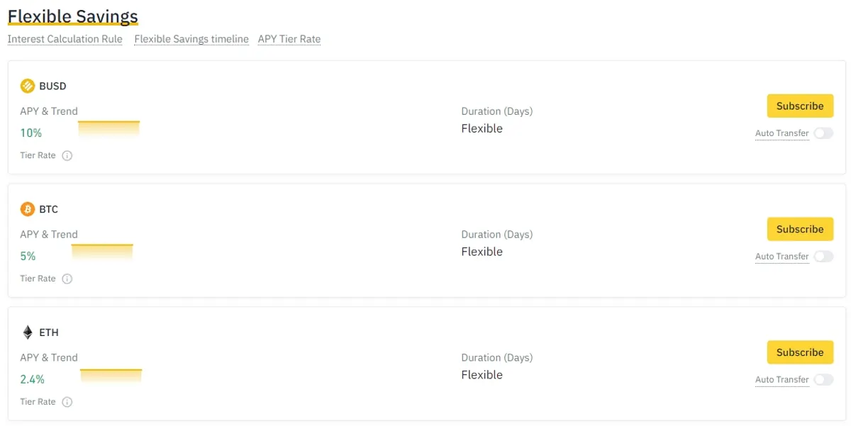 Schreenshot of Binance Flexible Savings product page