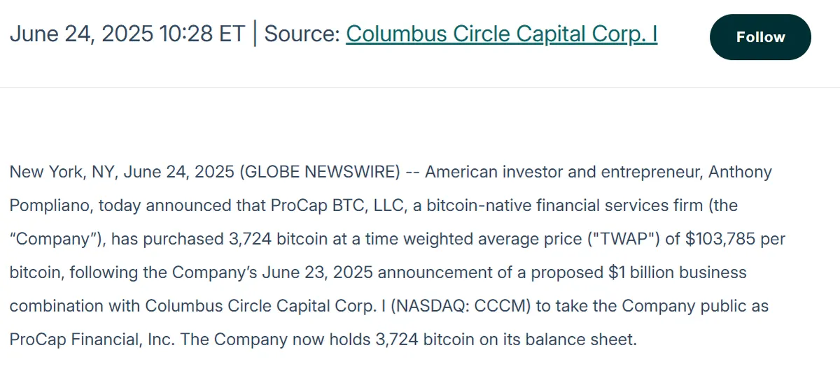 Announcement of ProCap's Bitcoin purchase