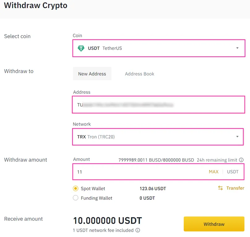 a screenshot showing how to enter Bybit's USDT address to withdraw USDT from Binance to Bybit