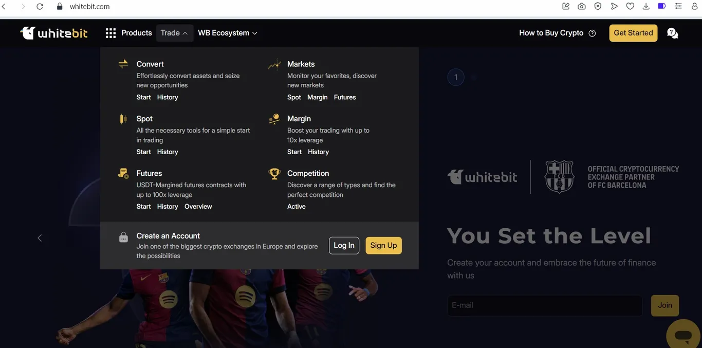 WhiteBIT website interface, showing Trade options
