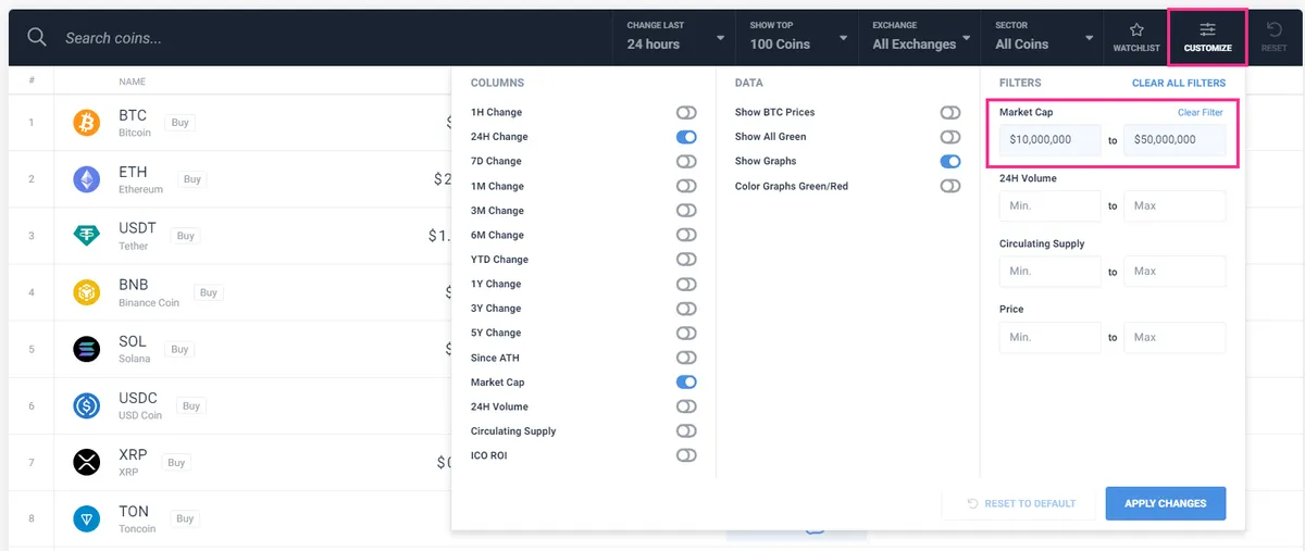 CoinCodex coin filter