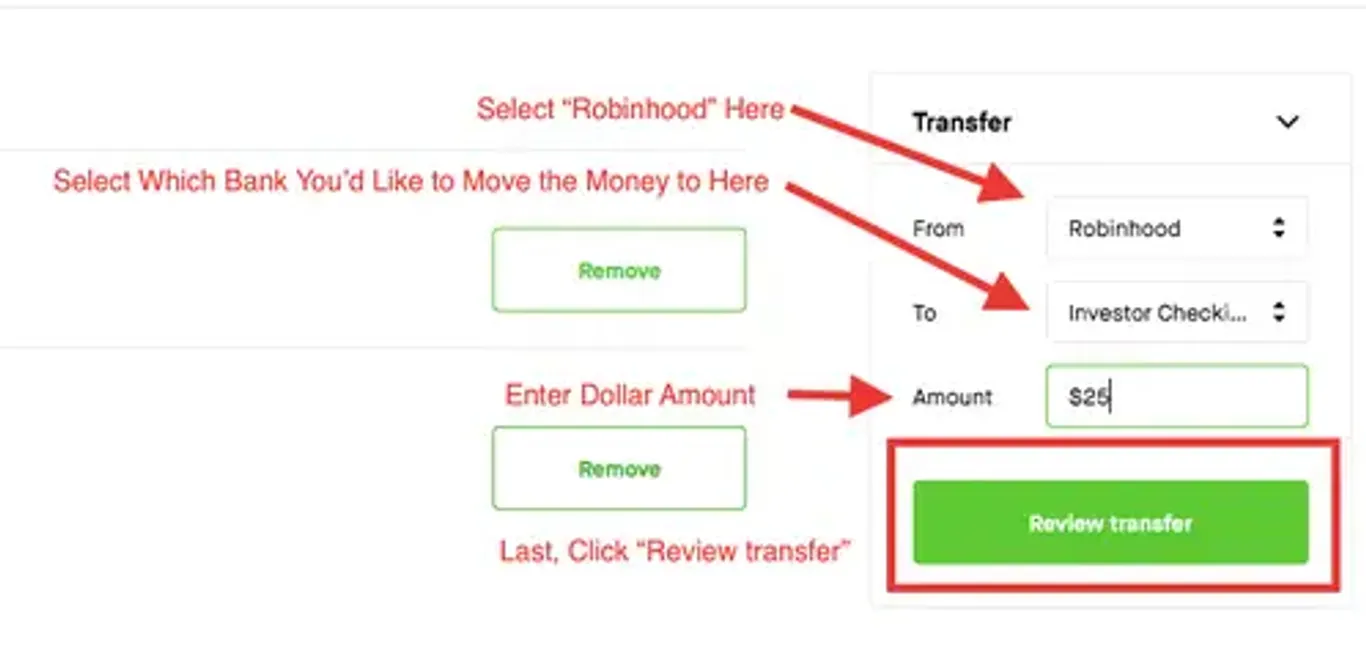 configure parameters to withdraw money from robinhood