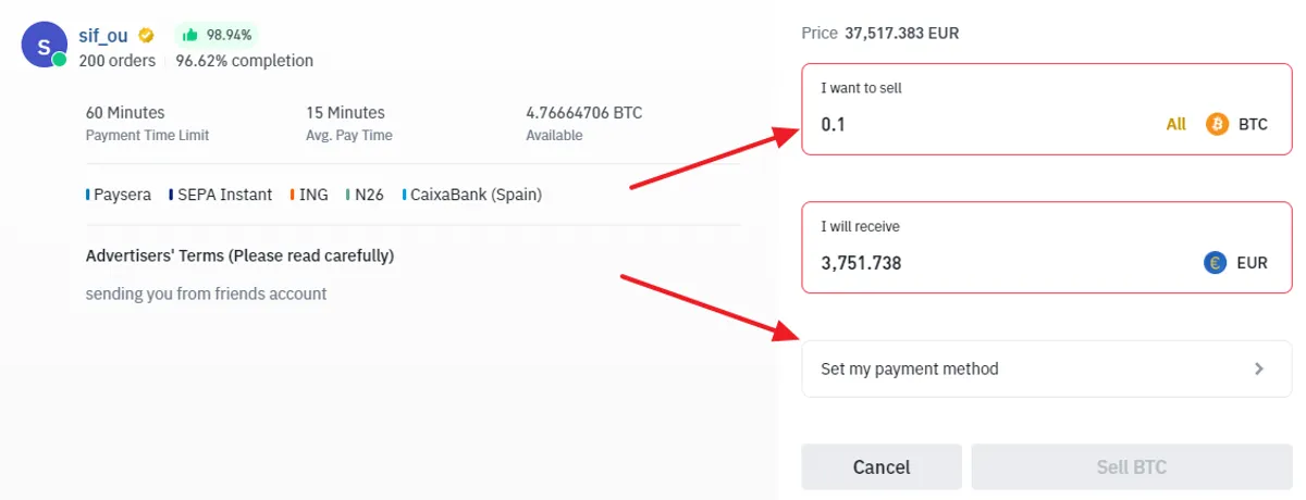 entering Bitcoin sell amount on Binance P2P