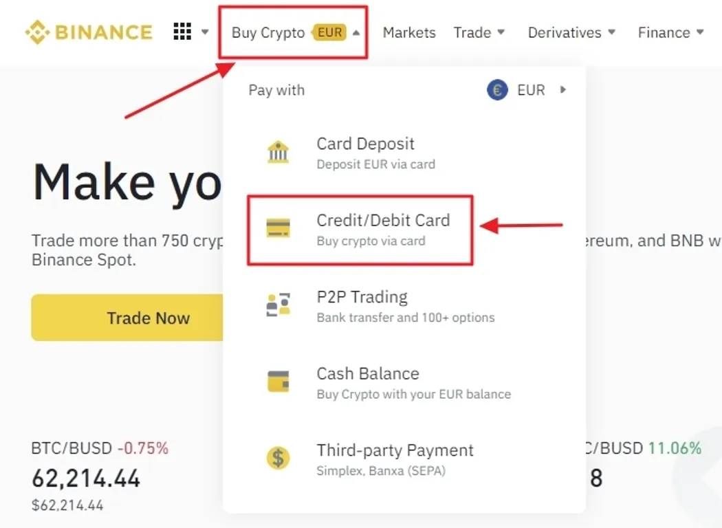 Select credit card buying option on Binance