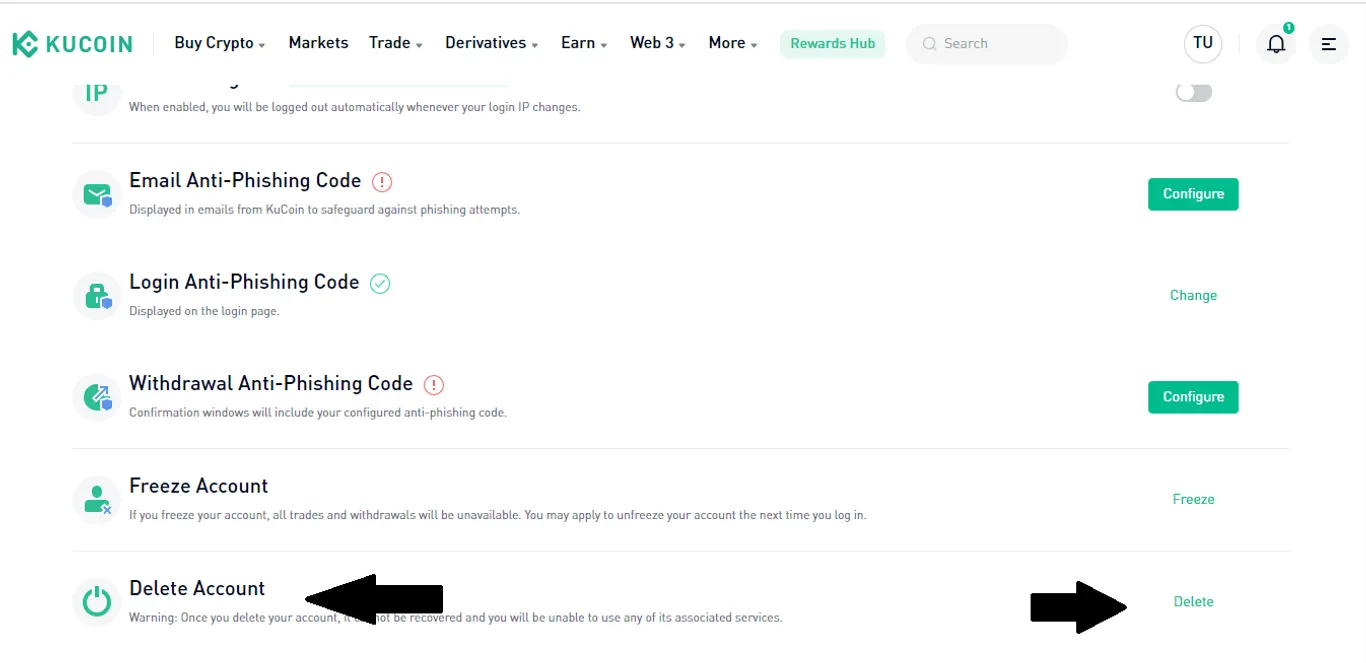 how to delte kucoin account - scroll down and click delete button