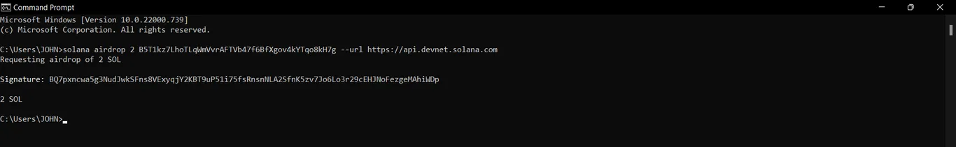 A screenshot of a Solana address to recive Solana tokens trought a SOL faucet