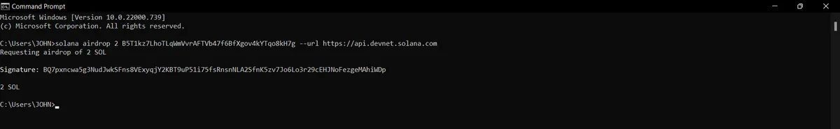 A screenshot of a Solana address to recive Solana tokens trought a SOL faucet