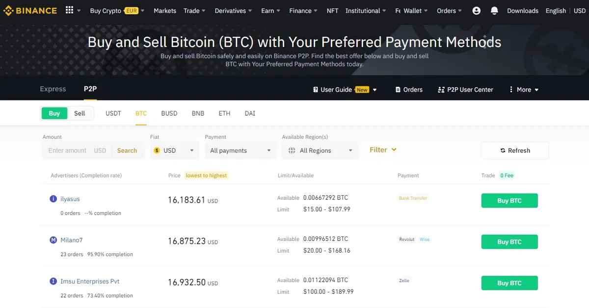 a screenshot of Binance P2P's homepage