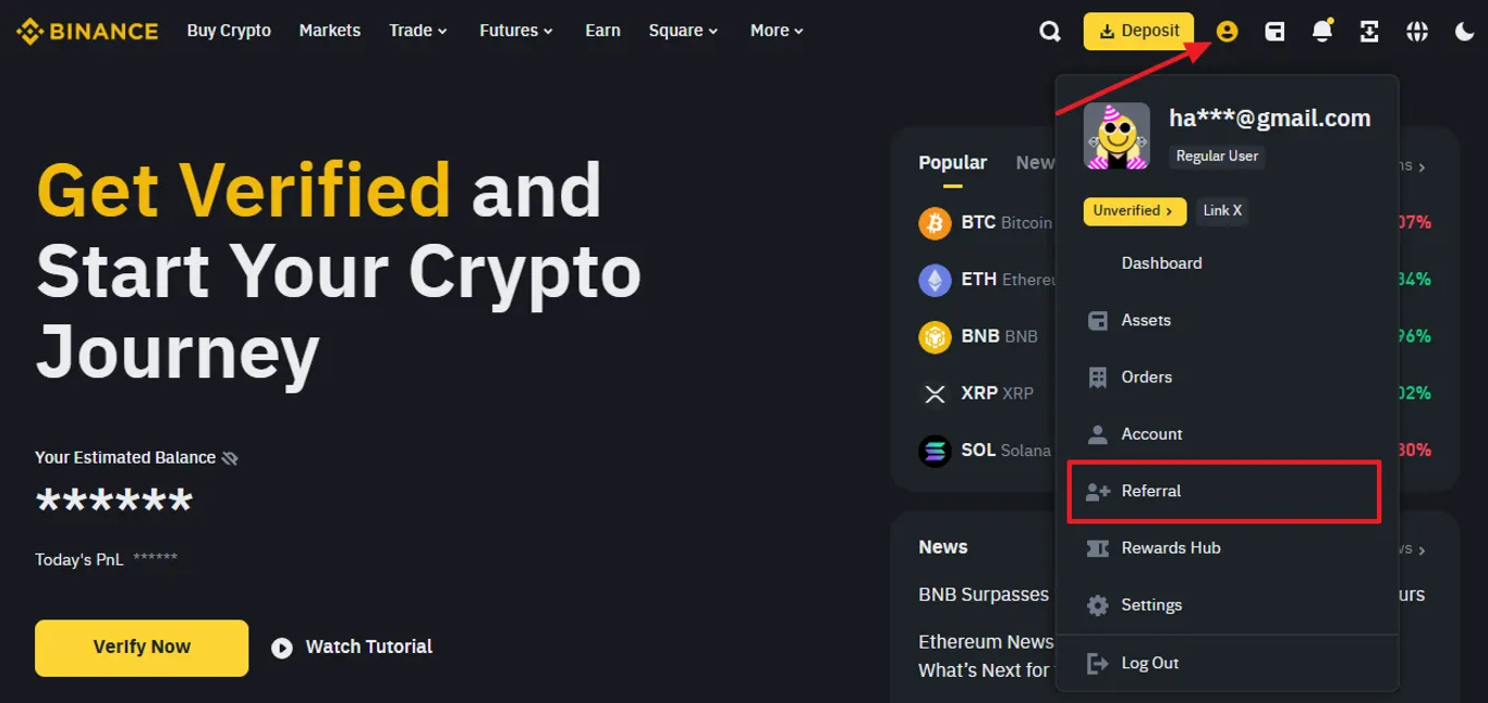 binance profile menu