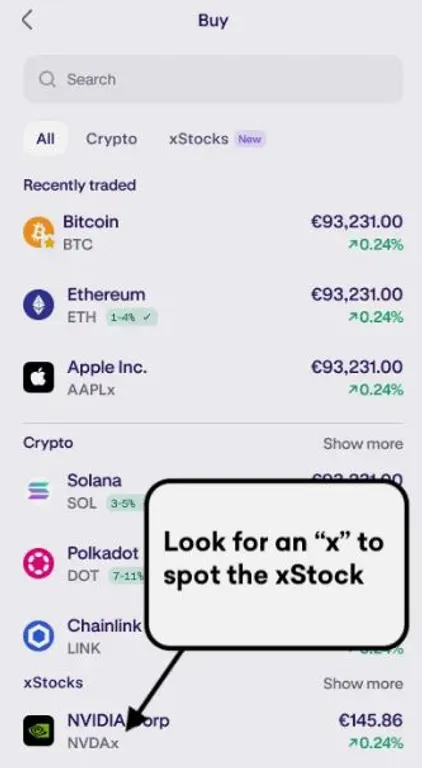 Buy section on Kraken showing xStocks