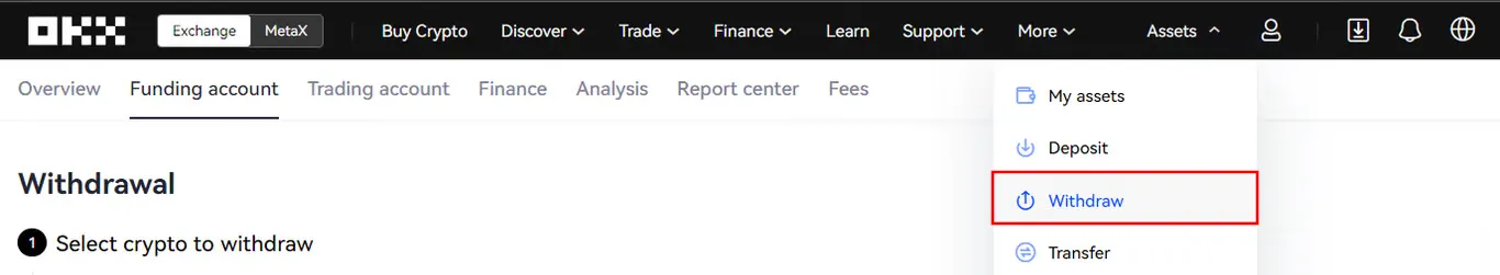 OKX's Assets drop down menu with Withdraw option highlighted
