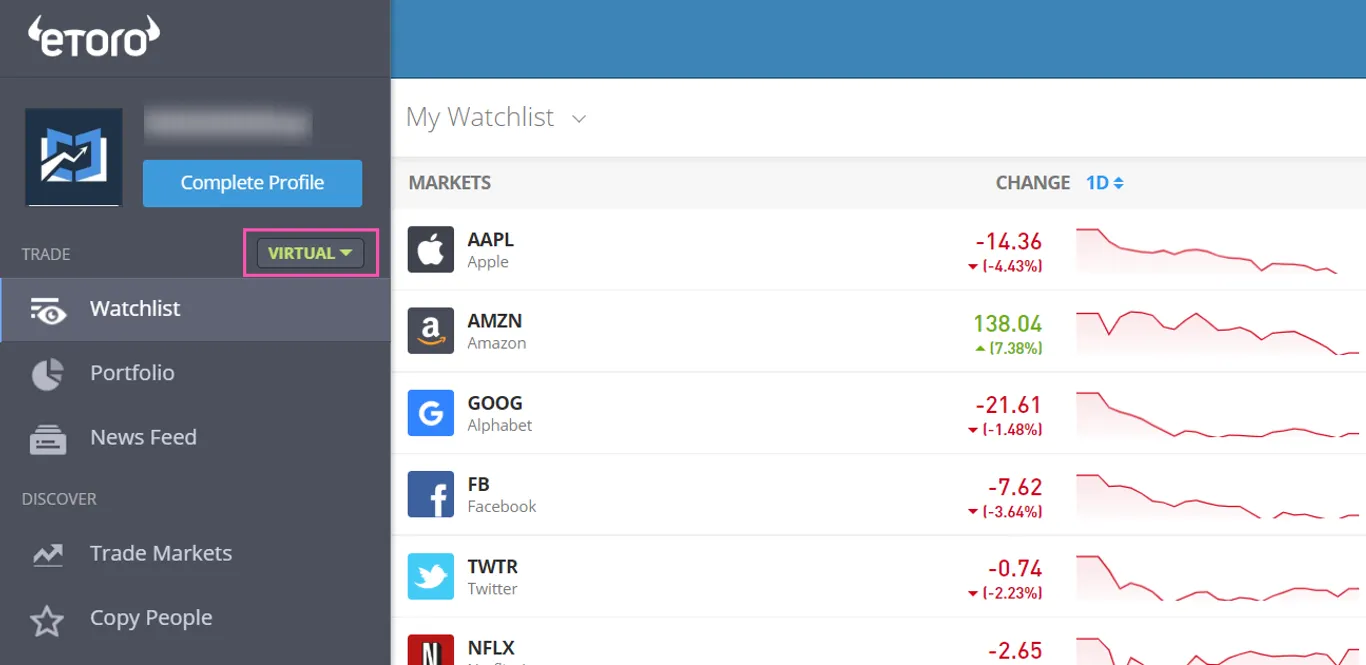 use eToro's virtual portfolio feature