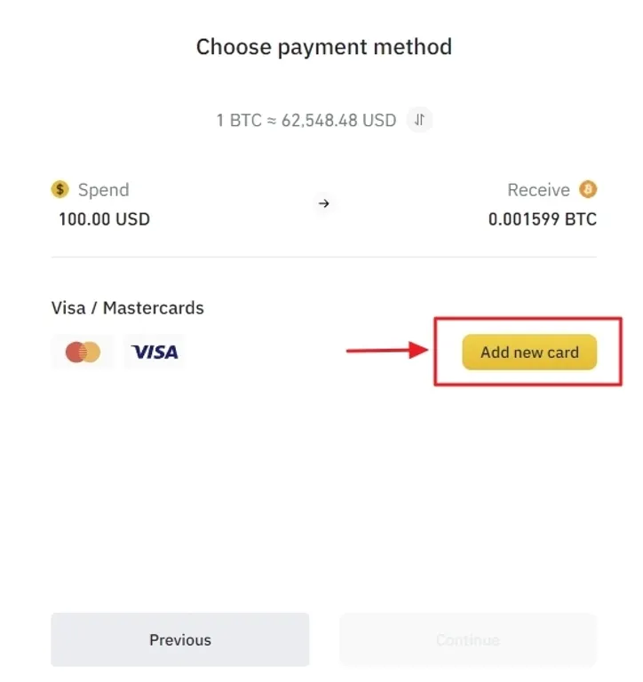 Option to add new credit card to Binance