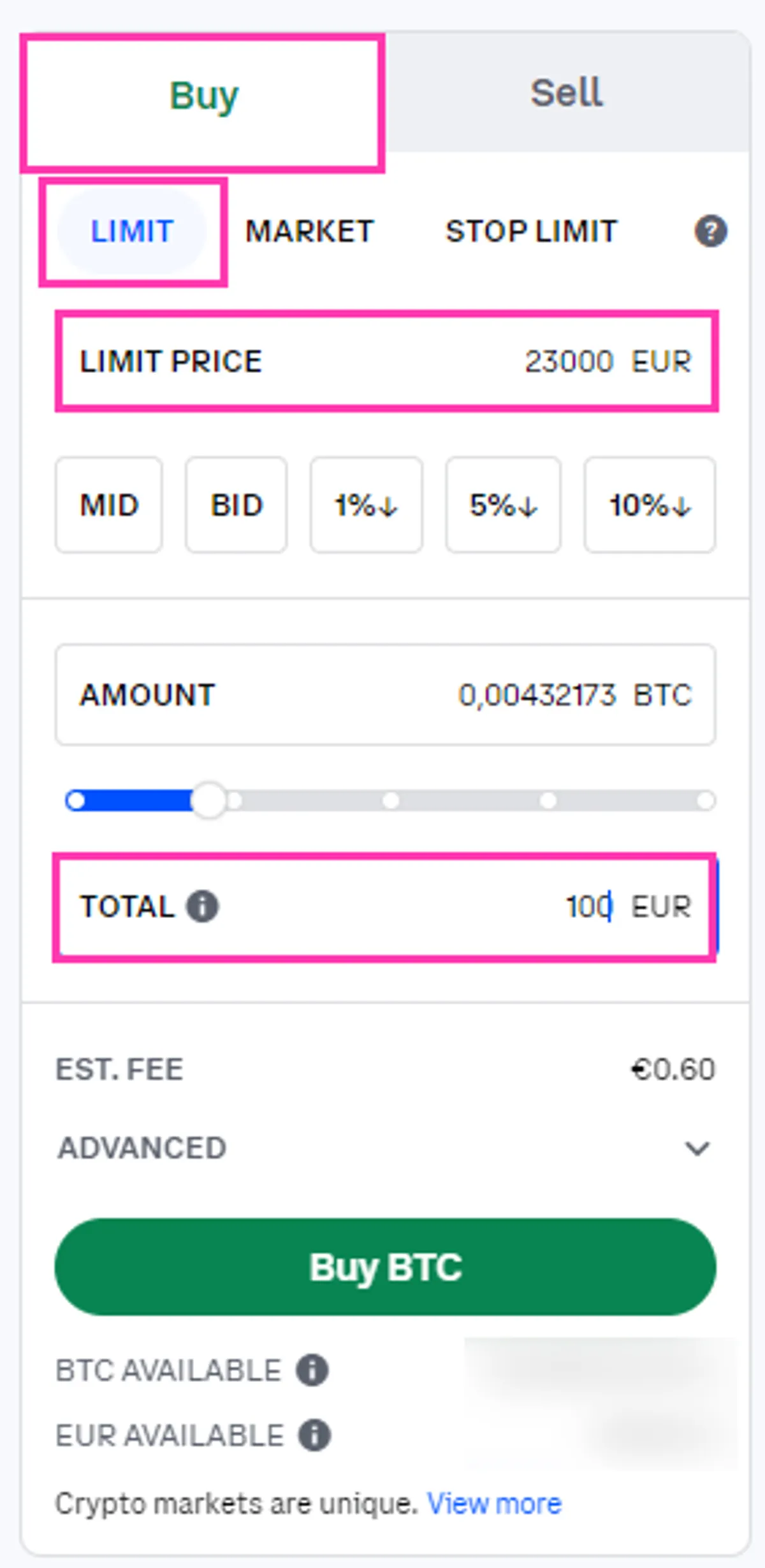 Coinbase limit order