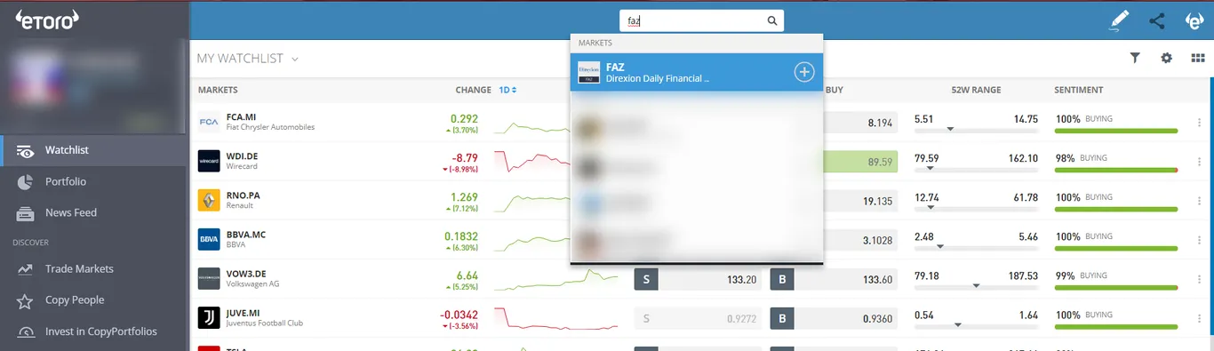 trade FAZ on eToro