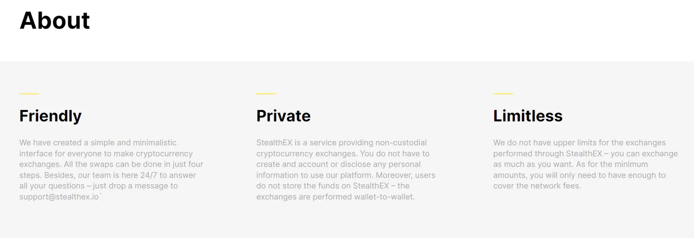 About page of StealthEX