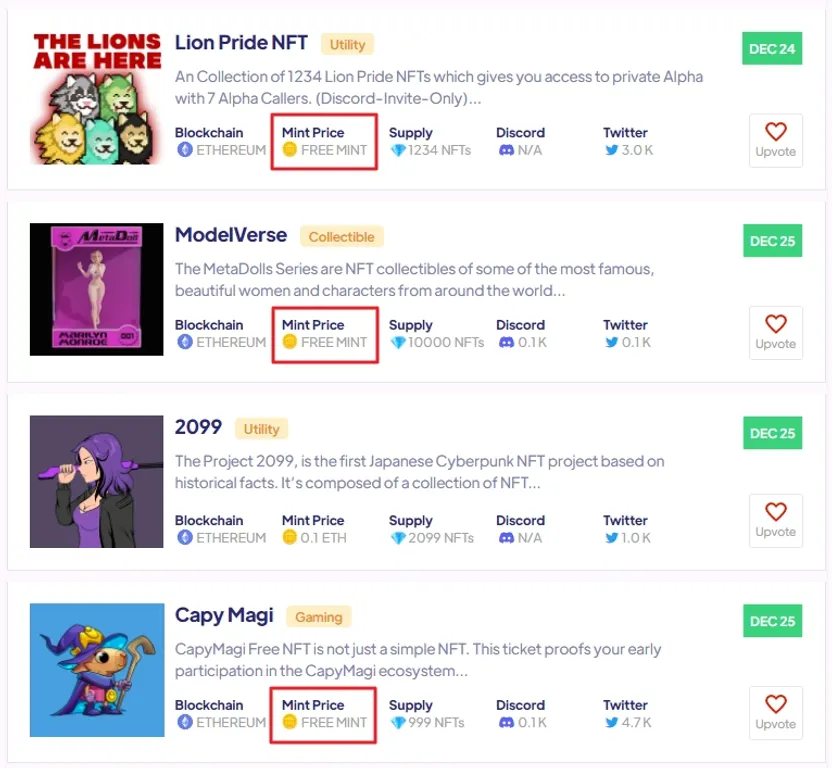 upcoming free NFT drops on NFT Drops Calendar