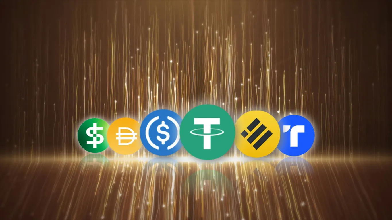 Logos of various stablecoins, including USDT, USDC and BUSD