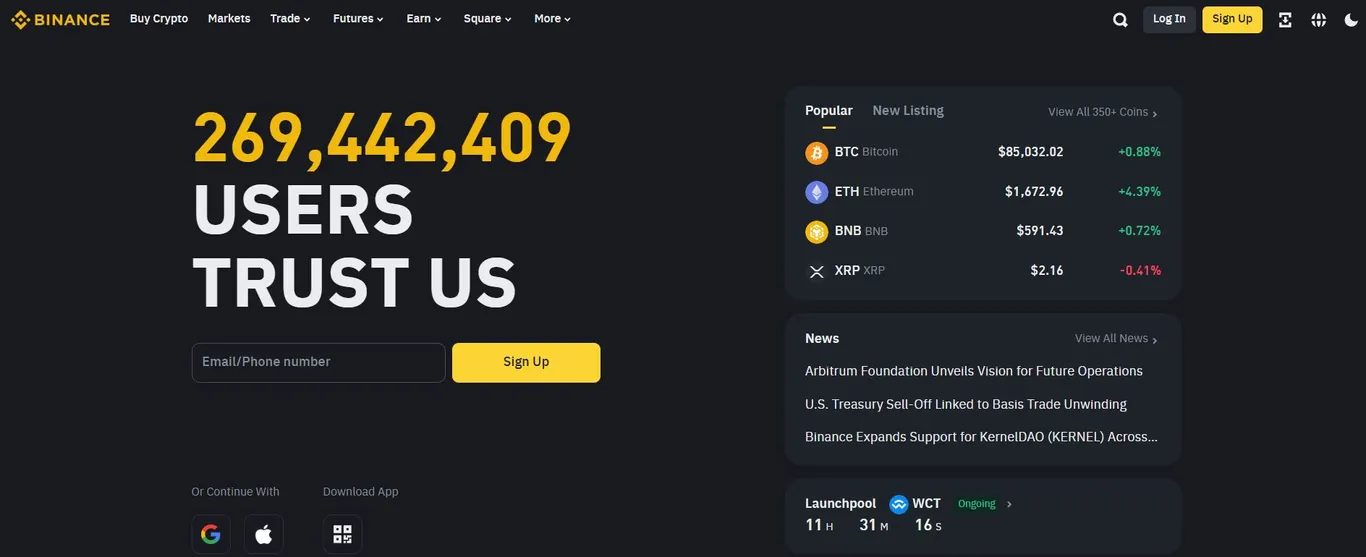 Binance crypto exchange website homepage