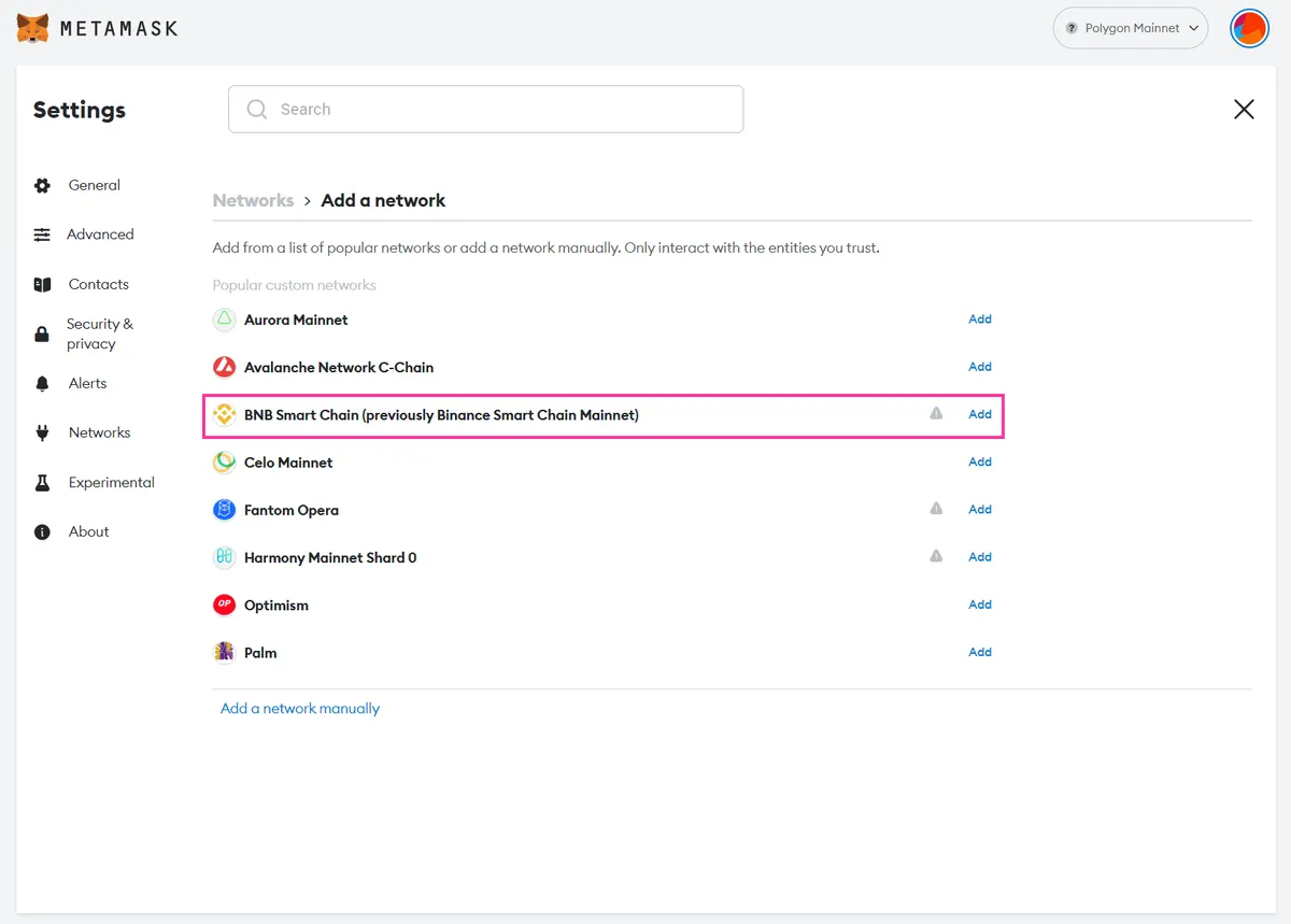 Add BNB to MetaMask