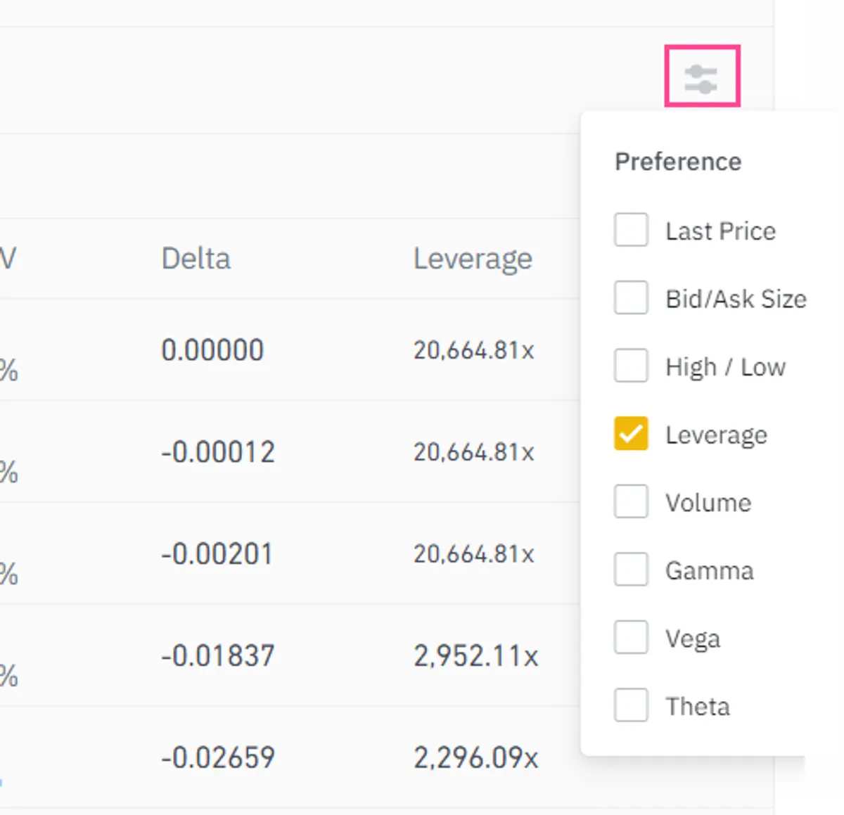 Binance Options preferences