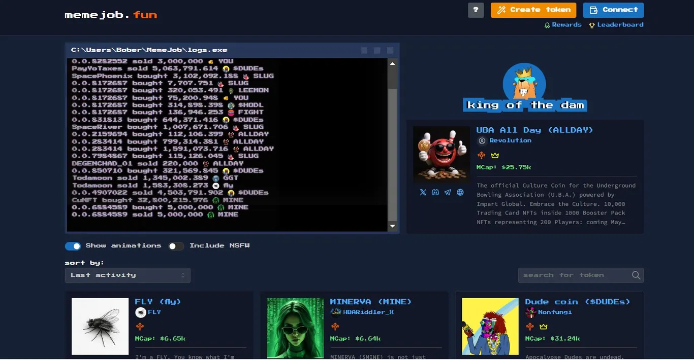 Memejob.fun platform for creating meme coins on Hedera