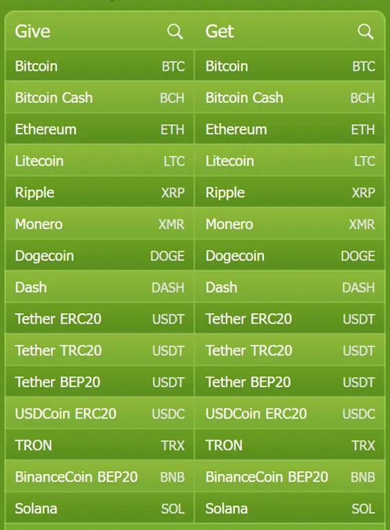 image showing the list of Cryptocurrencies on BestChange
