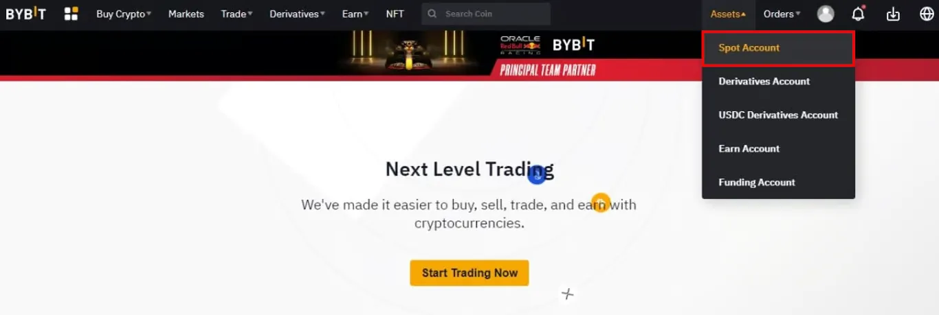Bybit's Assets drop down menu on the homepage