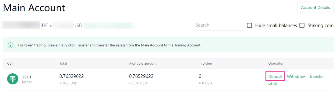 a schreenshot showing how to get USDT deposit addres from KuCoin's main account