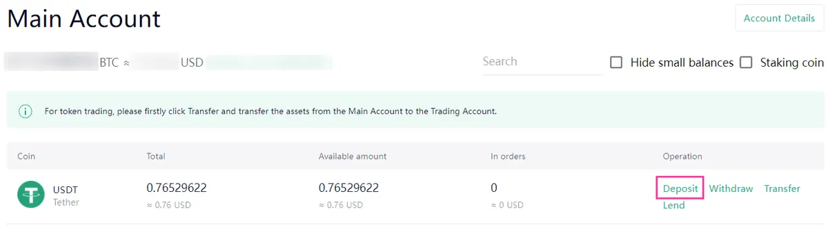 a schreenshot showing how to get USDT deposit addres from KuCoin's main account
