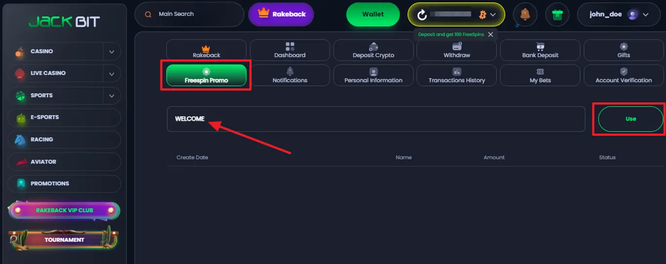 deposit jackbit account
