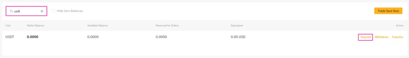 a screenshot showing how to find USDT deposit address on Bybit