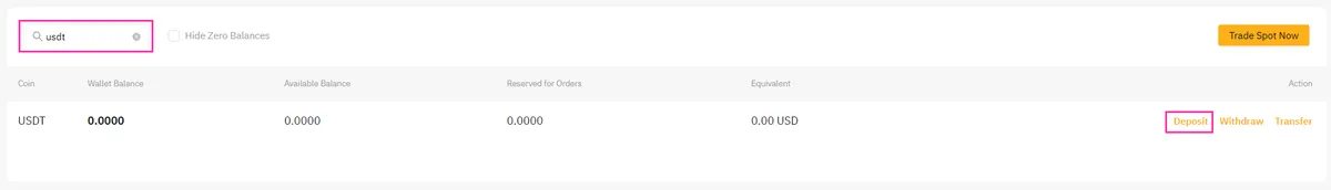 a screenshot showing how to find USDT deposit address on Bybit