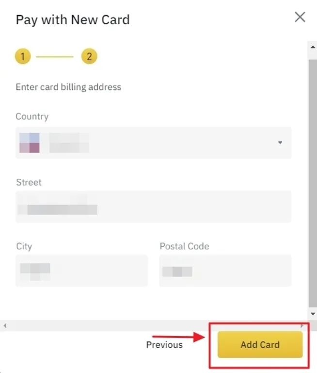 Binance's credit card information dialog