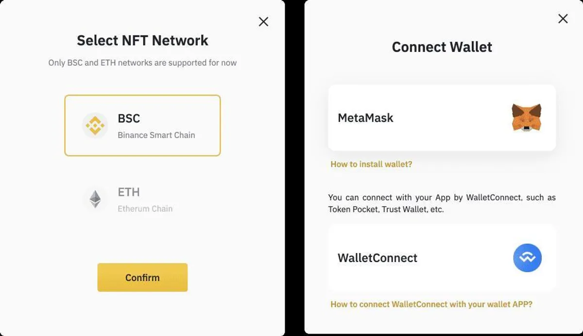 Selecting blockchain wallet on Binance NFT