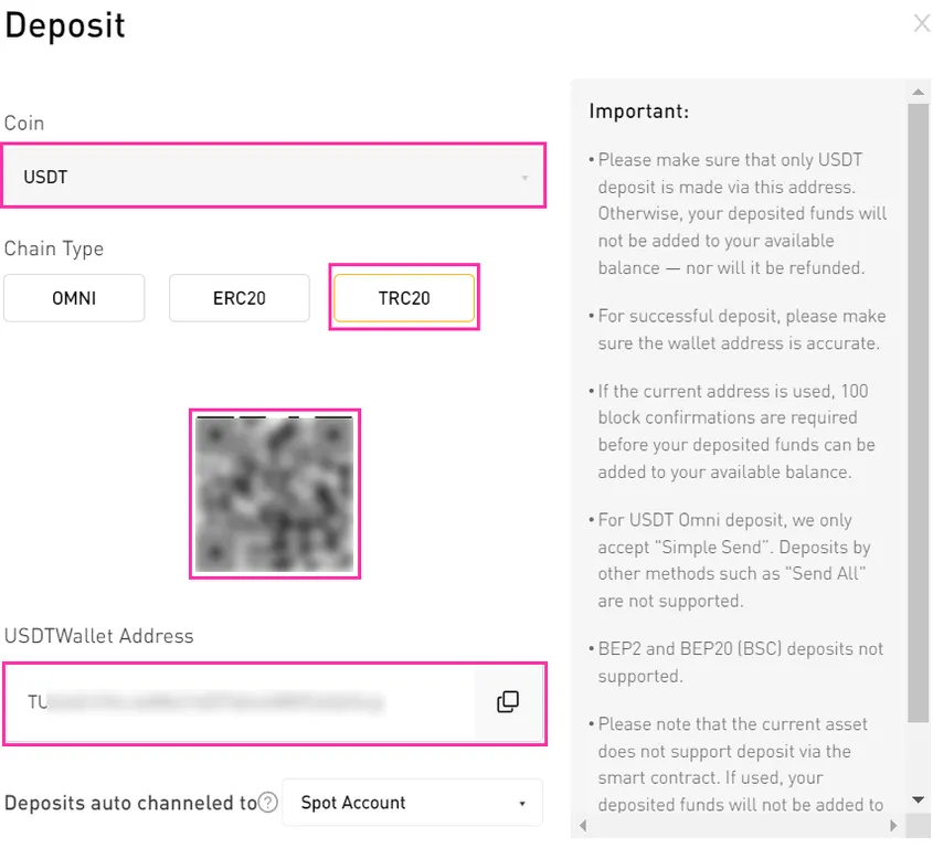a schreesnot showing how to copy USDT (TRC20) deposit addres from Bybit's Spot Account
