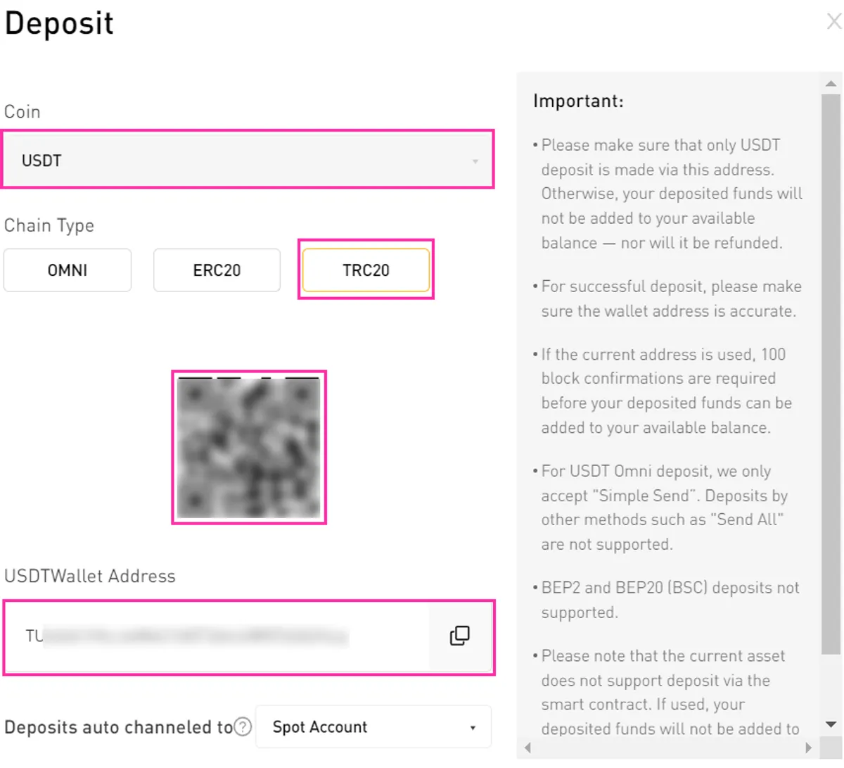 a schreesnot showing how to copy USDT (TRC20) deposit addres from Bybit's Spot Account