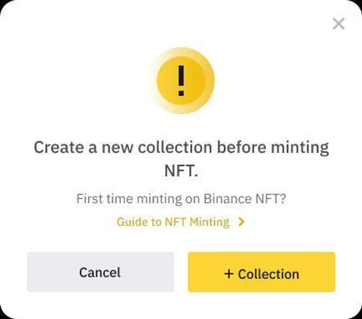 Crete a new collection before minting NFT pop up on Binance