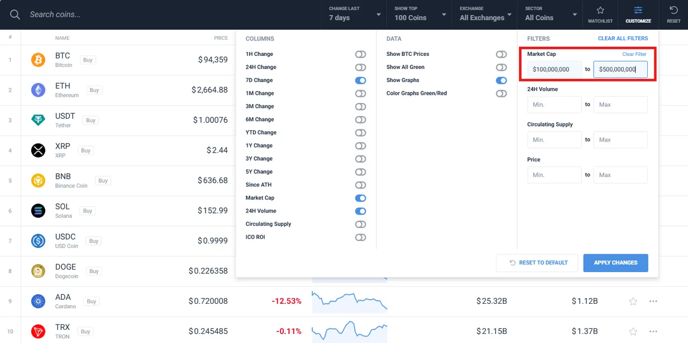 Example of a filter for finding small market cap coins on coincodex