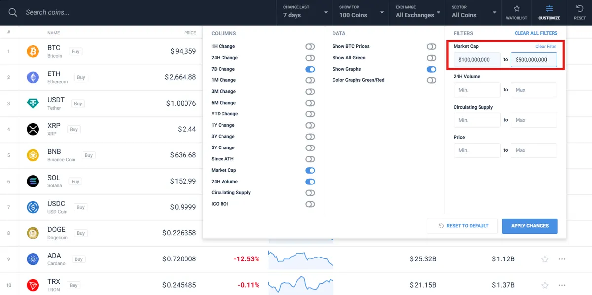Example of a filter for finding small market cap coins on coincodex
