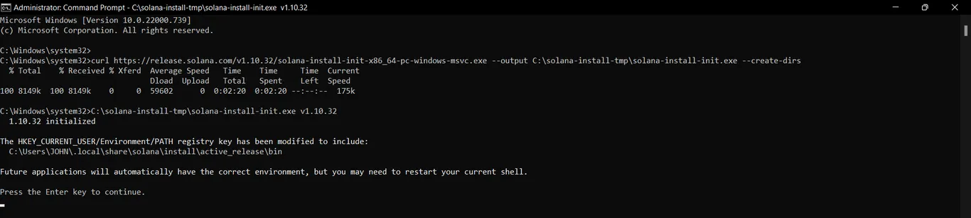 A screenshot showing the successful installation of the Solana CLI 