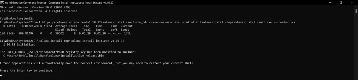 A screenshot showing the successful installation of the Solana CLI 