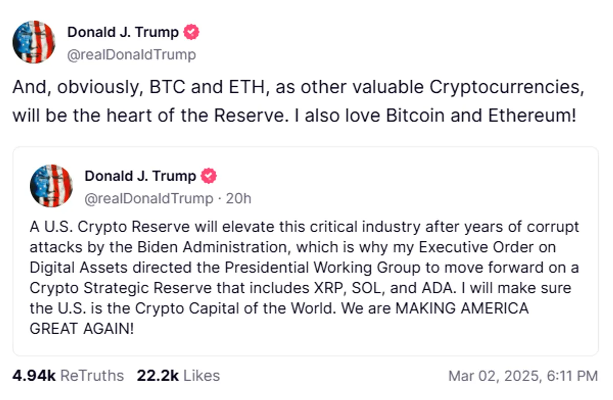 screenshot of a post from truth social where trump writes about crypto reseve 