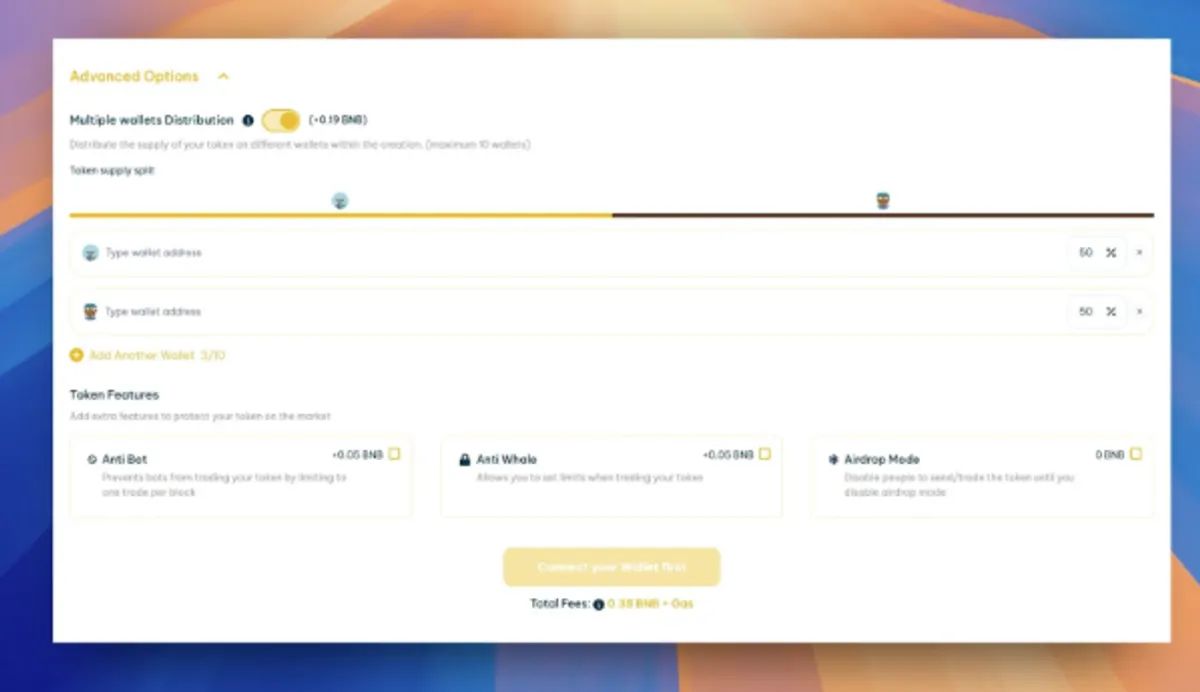 Token creator advanced options