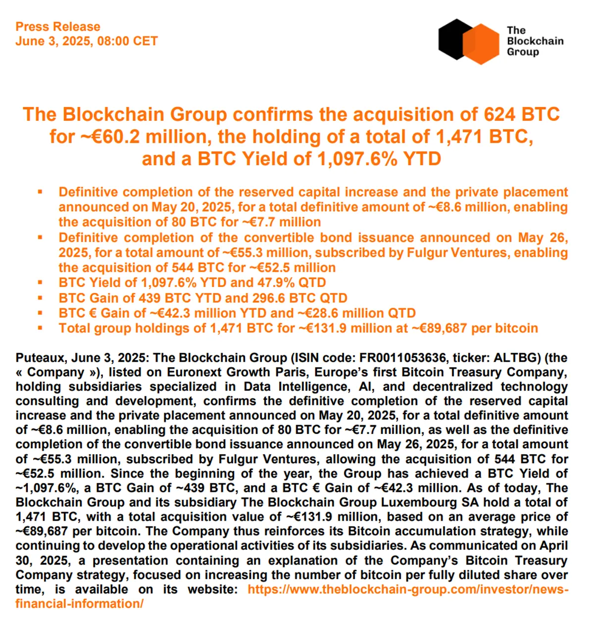 Blcokchain Group confirms BTC acquisition