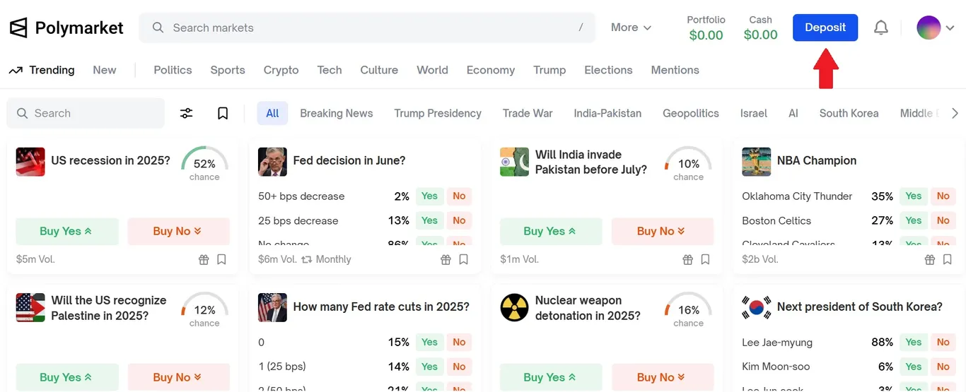 Polymarket Deposit button