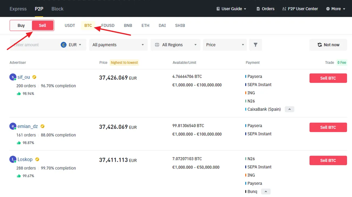 filtering by Bitcoin buyers on Binance P2P
