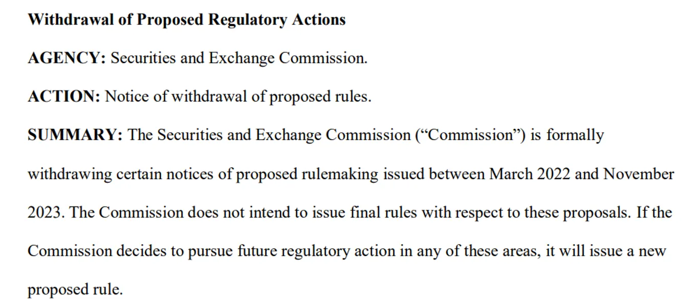Withdrawal of proposed regulatory actions