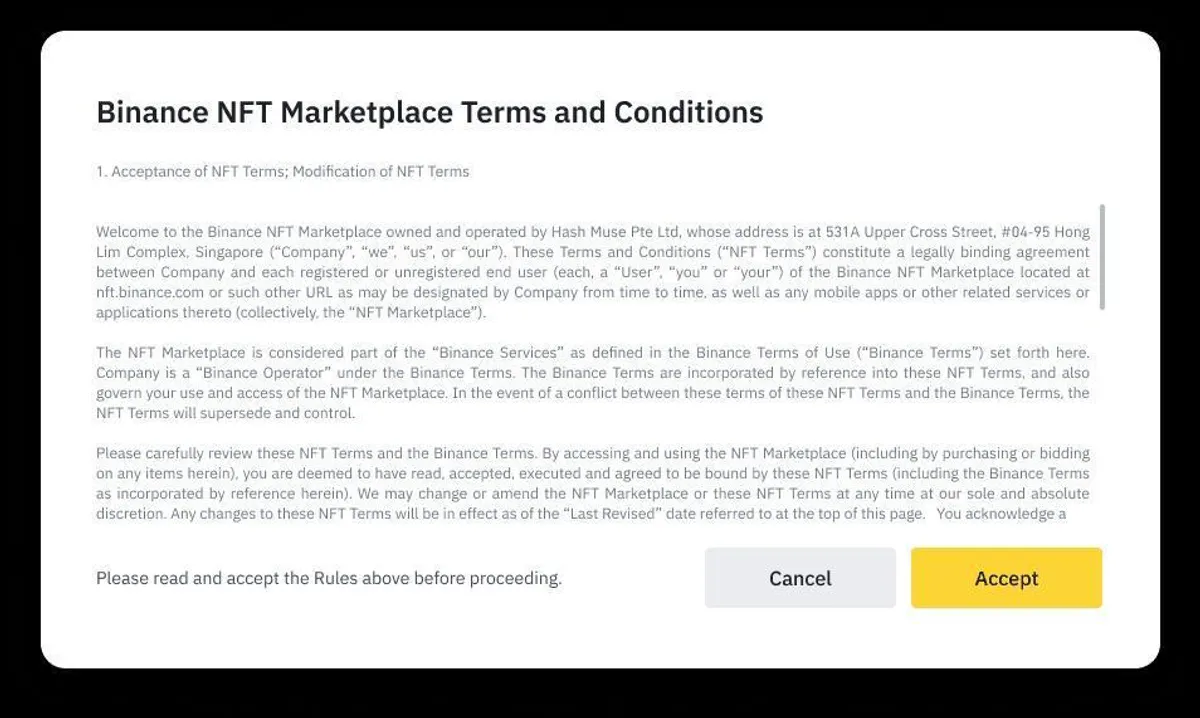 Binance NFT marketplace terms and conditions